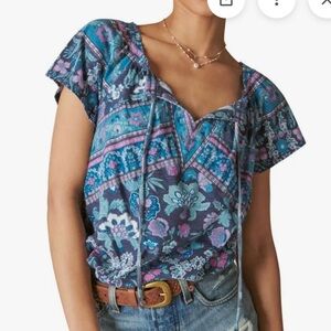 Lucky Brand Navy Floral Drawstring Peasant Top